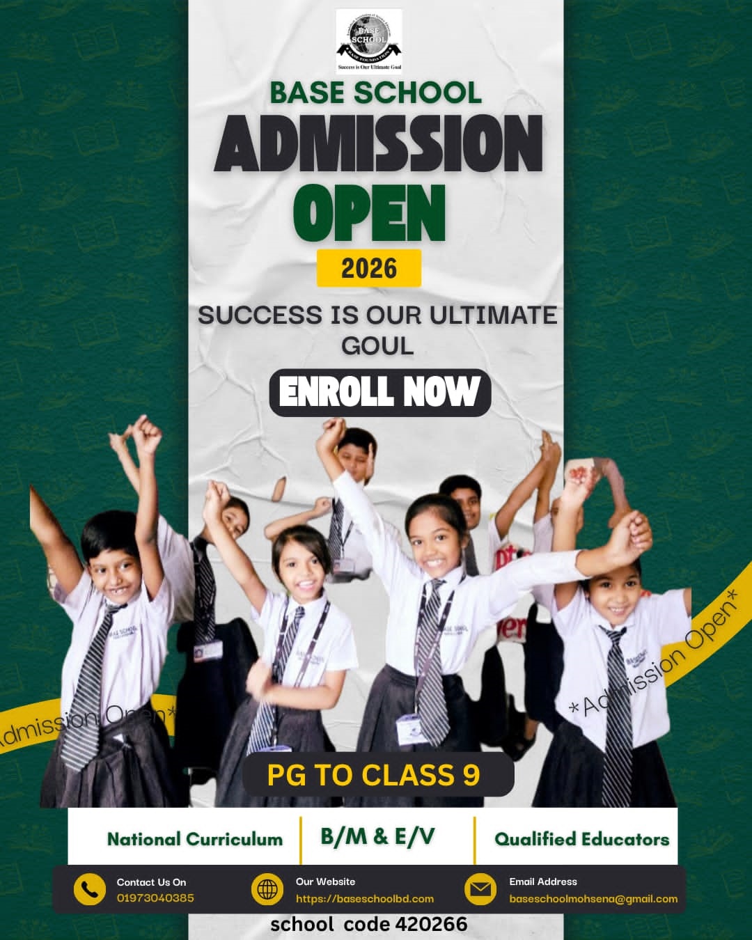 Admission going on 2026. প্লে গ্রুপ থেকে নবম শ্রেণি ( বাংলা মাধ্যম ও ইংরেজি ভার্সন) পর্যন্ত ভর্তি চলছে। 